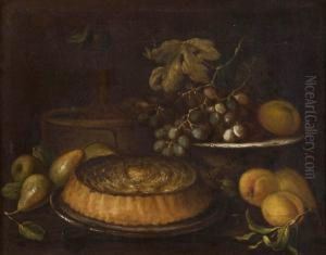 Pere, Una Torta E Limoni, Un Cesto Con Una Bottiglia Ed Una Fruttiera Con Uva