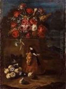 Vaso Di Fiori Su Un Ripiano Con Frutta E Volatili by Tommaso Realfonso