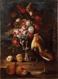 Vaso Di Fiori Con Frutti E Un Gallo by Tommaso Realfonso