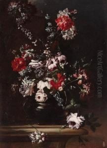 Roses, Carnations, Irises, Bluebells And Other Flowers In A Pewterurn Roses, Carnations, Irises, Bluebells And Other Flowers In A Pewterurn