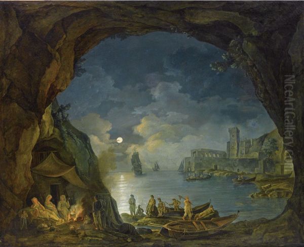 A Moonlit Coastal Landscape With Figures Resting In A Cave Beside A Fire - view 1