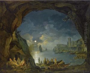 A Moonlit Coastal Landscape With Figures Resting In A Cave Beside A Fire by Josef Rebell