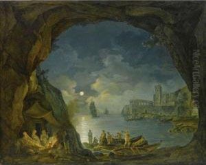 Paesaggio Notturno Con Astanti In Una Grotta Mediterranea by Josef Rebell