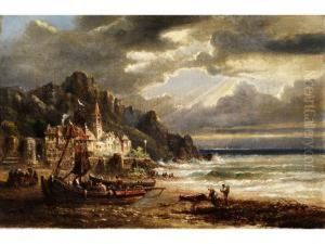 Abendliche Kustenlandschaft Beisturmischer Brandung by Felice Auguste Recchia
