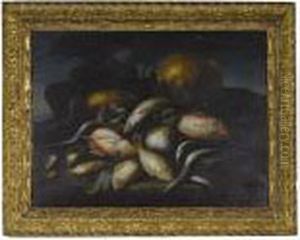 Still Life Of Saltwater Fish, A Lobster And A Brass Pot Upon A Sea Shore by Elena Recco