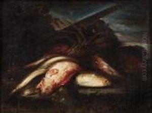 Aragosta, Dentice, Aguglie E Altri Pesci Su Un Piano Con Paesaggio Sullo Sfondo by Elena Recco