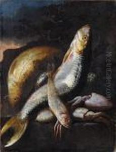 A Carp, A Mullet, Squid And Other Fish On A Stone Ledge Before A Landscape by Elena Recco