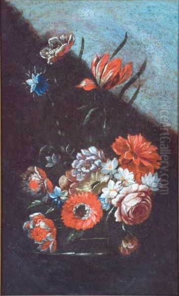 Dalie, Garofani, Gerbere E Altri Fiori In Un Vaso Su Un Piano - view 1
