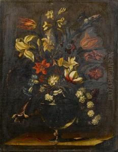 Tulips, Lilies, Narcissi And Other Flowers In A Glass Vase On A Stone Ledge by Giacomo Recco