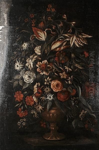 Lillies, Tulips, Roses And Other Flowers In A Bronze Vase; And Roses, Carnations, Tulips And Other Flowers In A Bronze Vase - view 1