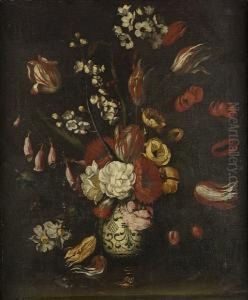 Tulips, Narcissi, Roses, Poppies And Other Flowers In A Blue And White by Giacomo Recco