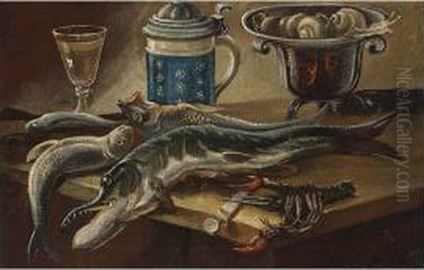 A Still Life Of Fish, Near A Wooden Tub, A Peeled Lemon And Onions, All On A Wooden Table;
 A Still Life Of Fish, A Lobster, A Glass, An Earthenware Jug And A Bowl Of Snails, All On A Table - view 1
