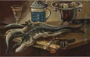 A Still Life Of Fish, Near A Wooden Tub, A Peeled Lemon And Onions, All On A Wooden Table;
A Still Life Of Fish, A Lobster, A Glass, An Earthenware Jug And A Bowl Of Snails, All On A Table by Giuseppe Recco