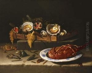 Shellfish In A Basket, A Lobster In A Bowl And Shells, A Crayfish And A Crab On A Stone Ledge