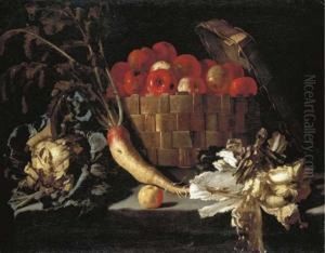 Apples In A Wicker Basket, With A Cabbage, Parsnip, Lettuce And An Apple On A Stone Ledge by Giuseppe Recco