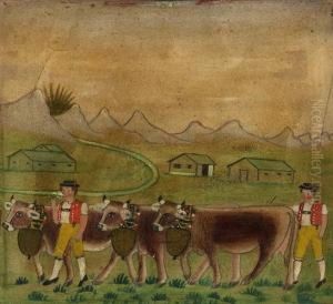 Zwei Sennen Mit Drei Kuhen Auf Der Alp by Johannes Rechsteiner