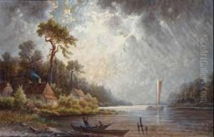 Landschaft Mit Einem Kleinen See Und Einem Segelboot.