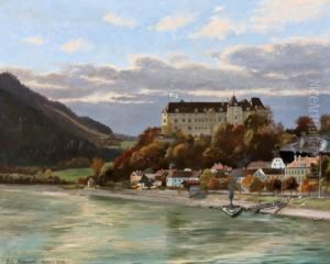 Blick Auf Grein A. D. Donau Mit Der Uber Dem Ort Liegenden Greinburg