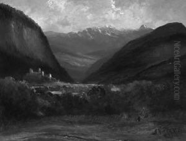 "blick In Ein Gebirgstal Mit Burganlage ". Sign. Und Bez. Munchen. Ol Auf Lwd. 74 X 96,5 Cm. Rahmen - view 1
