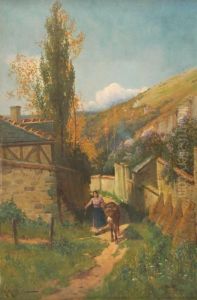 Peasant Woman Leading A Donkey On A Hillside Lane by Arthur Walker Redgate