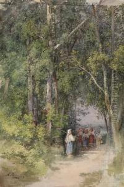 Russian Maidservants With Rakes In A Deciduous Woodland - view 1