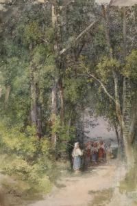 Russian Maidservants With Rakes In A Deciduous Woodland