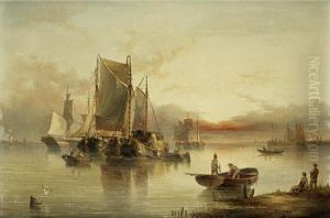 Shipping Becalmed In An Estuary At Dusk