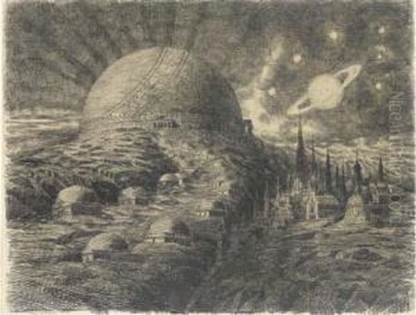 A Fantastic Town With A Large Temple, Planets In The Sky Above - view 1