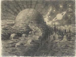 A Fantastic Town With A Large Temple, Planets In The Sky Above by Gaston Redon
