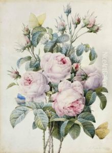 Bouquet De Roses Et Papillons by Pierre-Joseph Redoute
