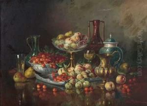 Uppiges Fruchtestillleben Mit Glas, Zinn Und Porzellan