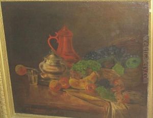 Still Life Of Basket Of Fruit And Drinking Vessels On A Table Top