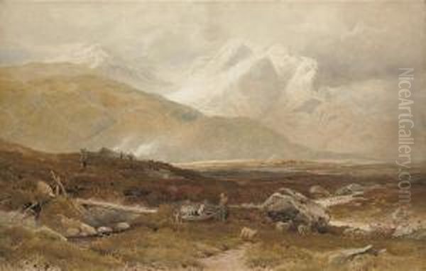 Figures And Sheep In A Highland Valley With Mountains Beyond - view 1