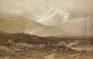 Figures And Sheep In A Highland Valley With Mountains Beyond by Joseph Charles Reed