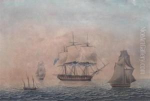 Marine Scenes With Warships At Anchor by P Reed