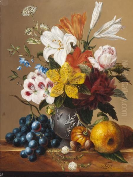 Still Life With Flowers In A Vase Andfruit And Hazelnuts On A Plinth - view 1