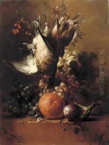 Flowers, Fruit And Poultry On A Ledge by Hendrik Reekers