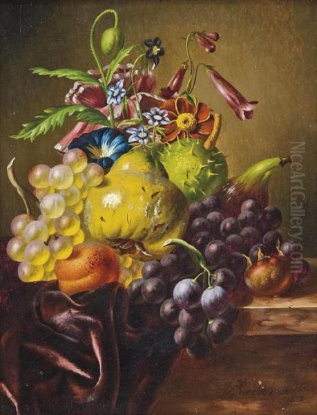A Pear, Grapes, A Fig, An Apricot, A Horse-chestnut And Summer Flowers On A Draped Ledge - view 1