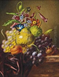 A Pear, Grapes, A Fig, An Apricot, A Horse-chestnut And Summer Flowers On A Draped Ledge