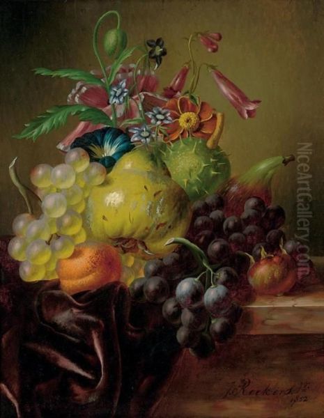 A Pear, Grapes, A Fig, An Apricot, A Horse-chestnut And Summer Blooms Flowers On A Draped Ledge - view 1