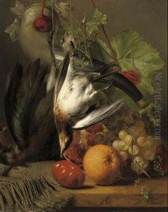 Fruit And Poultry On A Ledge by Johannes Jun Reekers