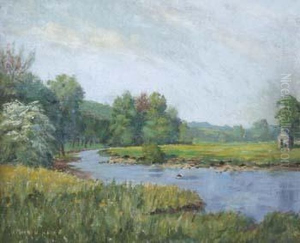 O.b.e., J.p. D.i.a. , On The Wye At Rowsley, Derbyshire, Signed, Titled On Verso - view 1