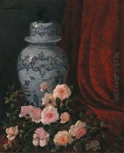 Stillleben Mit Rosen Und Chinesischer Deckelvase