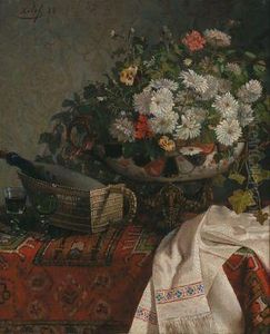 Stillleben Mit Blumen In Schale Und Weinflasche