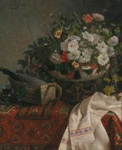 Still Life With Flowers In A Bowl And Wine Bottle by Felix-Elie Regamey