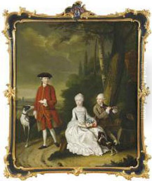 Portrait Of Isaac Willensz Hooft, Daniel Willensz Hooft And Clare Hidegonda Hooft With A Spaniel And Lurcher In A Landscape - view 1