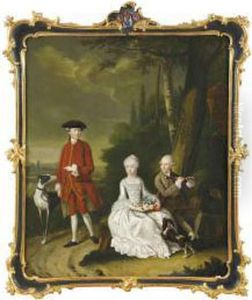 Portrait Of Isaac Willensz Hooft, Daniel Willensz Hooft And Clare Hidegonda Hooft With A Spaniel And Lurcher In A Landscape by Tibout Regters