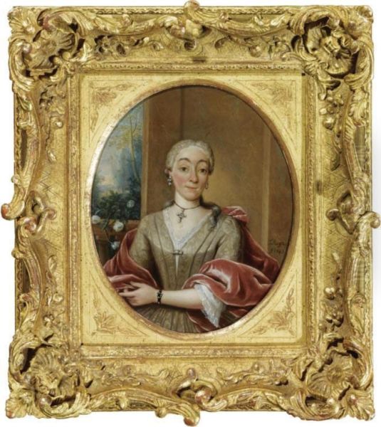 Portrait Of A Lady, Half Length, Wearing A Beige Dress And A Red Velvet Stole - view 1