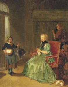 A Lady Seated In An Interior, With A Maidservant And A Girl Holdinga Chicken And Basket Of Eggs