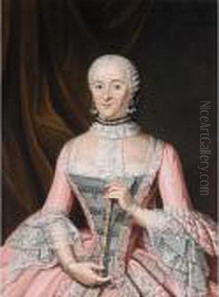 A Portrait Of A Lady, Standing Half Length By A Curtain, Wearing An Embroidered Pink Satin Dress With Grey Bodice, Lace Cuffs And Collar With Pearl Necklace And Earrings, Holding A Fan - view 1